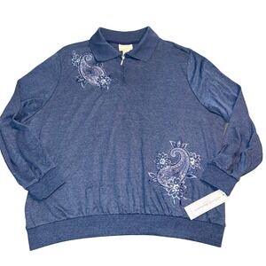 Alfred Dunner Womens 3X Blue Floral Embroidered Sweater Relax & Enjoy